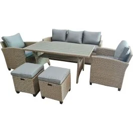 Gardenia Set pranzo brandy, in acciaio e polyrattan, divano, 2 poltrone, 2 pouf , tavolo con top in polywood - Giardino e terrazzo
