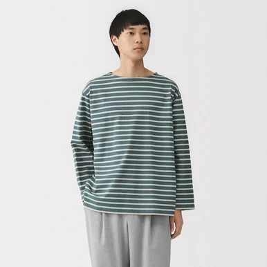 T-shirt a maniche lunghe in cotone spesso con scollo a barca da uomo