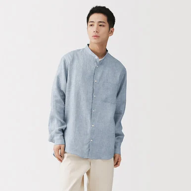 Camicia con colletto alla coreana in lino lavato da uomo