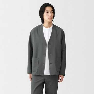 Giacca camicia senza colletto in seersucker stretch traspirante da uomo