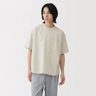 Camicia corta in cotone biologico Cool Touch colletto serafino da uomo
