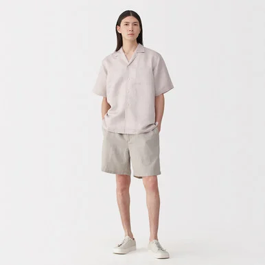 Camicia a maniche corte in lino e seta con colletto cubano da uomo