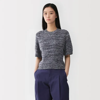 Maglione a mezza manica bouclé in misto cotone da donna