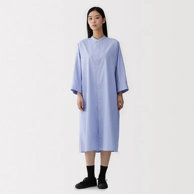 Abito camicia con colletto alla coreana in popeline di cotone biologico da donna