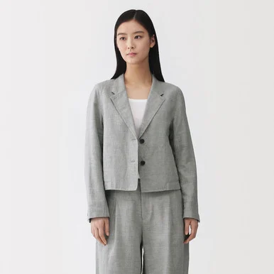 Giacca cropped a spina di pesce in misto lino da donna