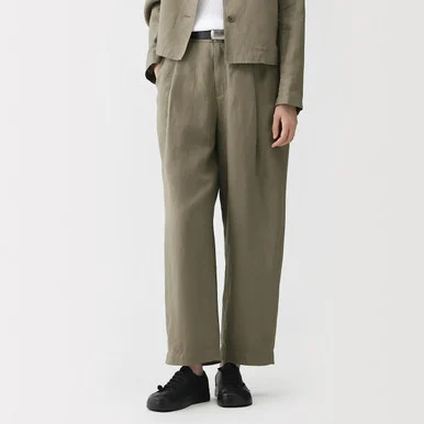 Pantaloni a gamba larga a pieghe in lino e lyocell da donna