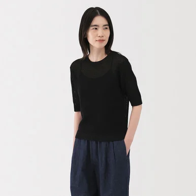 Maglia girocollo a mezza manica in rete in mix lino da donna