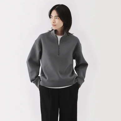 Felpa a doppia maglia da donna con mezza zip in misto cotone