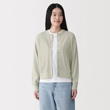 Cardigan girocollo in cotone waffle lavorato a maglia da donna