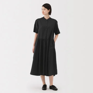 Abito camicia a maniche corte in mix canapa da donna