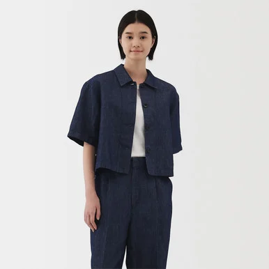 Camicia corta in twill denim mix canapa da donna