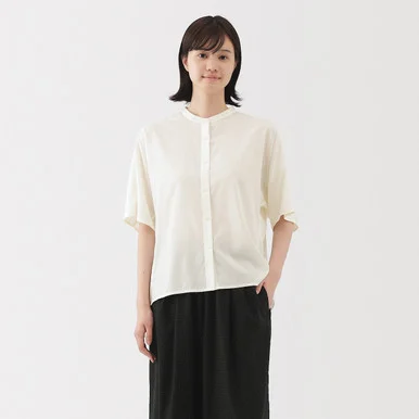 Blusa a maniche a metà lunghezza in misto lyocell con colletto alla coreana da donna