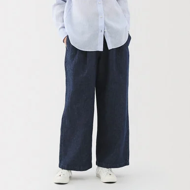 Pantaloni a gamba larga in denim mix lino da donna
