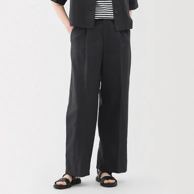 Pantaloni a gamba larga con pieghe in twill mix canapa da donna