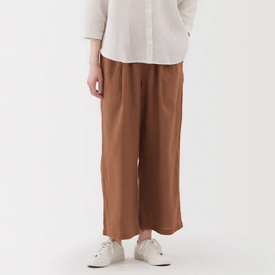 Pantaloni in lino con vita elasticizzata a gamba larga da donna