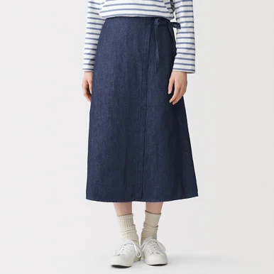 Gonna midi a portafoglio in denim misto canapa da donna