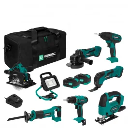 Set di utensili VPower 20V – 4.0Ah | Incl. 7 utensili, lampada da lavoro LED, 2 batterie 4.0Ah e caricabatterie rapido - Piattaforma a batteria