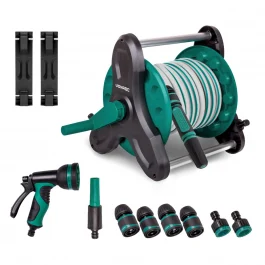 Set avvolgitubo con tubo da giardino da 15 m | Incl. 3 ugelli manuali e raccordi - Acqua