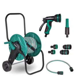 Set carrello avvolgitubo con tubo da giardino da 20m | Incl. 3 ugelli e giunti - Acqua